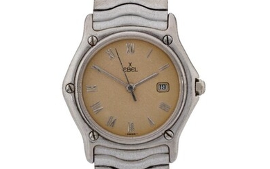 Ebel, An 18ct white gold calendar bracelet watch, Classic Wave, c. 1995 the circular champagne coloured dial with applied Roman numerals, date aperture and centre seconds, quartz movement, the case back numbered 383909, European convention...