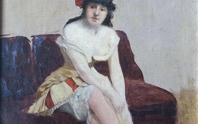 Ecole française. Jeune femme assise au béret rouge. Huile sur toile portant une signature effacée...