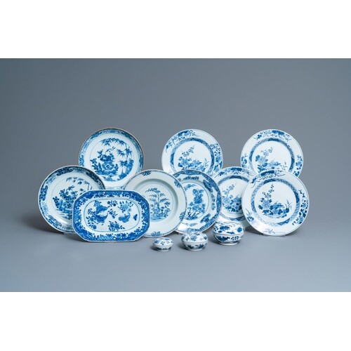 Eight Chinese blue and white dishes, a platter and three cov...