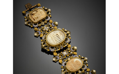 Embossed, chiseled and enamelled gilt metal modular bracelet with three shell cameos, g 78.73 circa, length cm 19.00 circa. (slight...