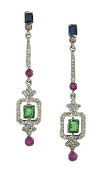 Emerald, Sapphire, Ruby and Diamond Earrings
