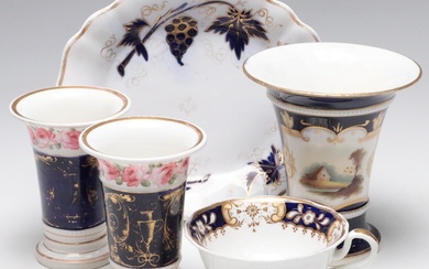 English Georgian Porcelain Landscape Vase and Teacup with Other Tableware