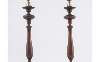 English Turned Wood Candlesticks with Brass Tops