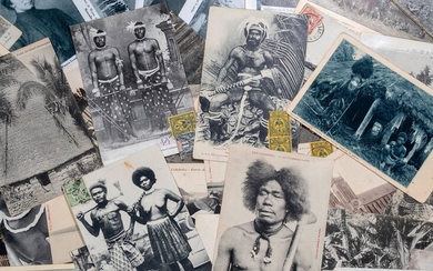 Ensemble de cinquante cartes postales anciennes, Nouvelle-Calédonie. Missions des Maristes, paysages, villages, guerriers kanak, masques,...