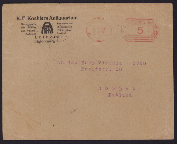 Estonia envelope Leipzig (Germany) to Tartu Corporation Vironia, 1924