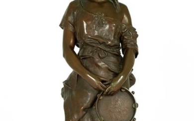Eugène Marioton (1854-1933) - Sculpture of lady with tambourine 'La Gitane' - Bronze - about 1900