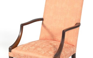 FEDERAL LOLLING CHAIR Mahogany frame. Salmon-colored printed upholstery. Back height 41.5". Seat height 15.5".