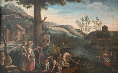 FINE 17th CENTURY ITALIAN OLD MASTER OIL PAINTING - FIGURES GARDENING LANDSCAPE c. 1650's