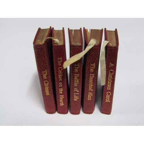 FIVE COPIES OF CHARLES DICKENS MINIATURE RED LEATHER COVERED...