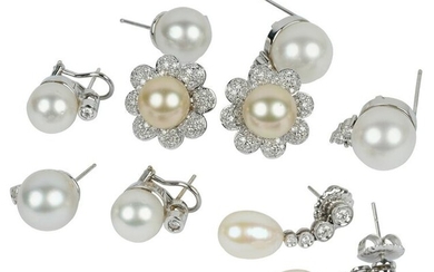 FIVE PAIRS OF WHITE GOLD, DIAMOND, & PEARL EARRINGS