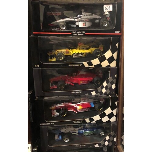 FIVE VARIOUS MINICHAMPS F1 MODEL CARS Condition as new box...