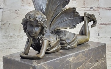 Fairy Child Young Girl Laying Down in Thought Bronze Metal Figure Statue Sculpture Marble Base