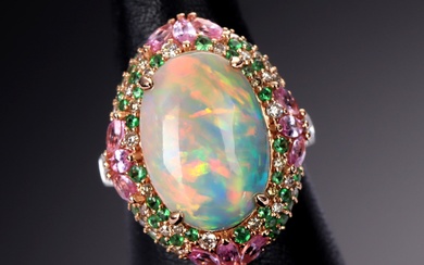Fancy opal, pink sapphire, brilliant and tzavorite cocktail ring in 18 kt. white gold