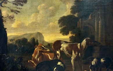 Fine 1700's Italian Old Master Oil Painting Hunting Dogs with Game, Roman Ruins