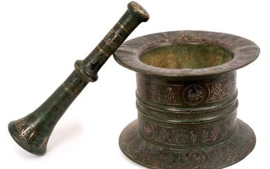 Fine and large antique Islamic cast bronze pestle and mortar with inlaid silver decoration