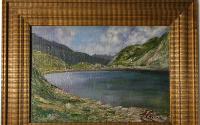 Firma indecifrata "Lago alpino" olio su tela applicata a tavola (cm 45x14) Firmato in basso a destra. In cornice in...