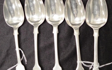 Five various early sterling silver dessert spoons including: London...
