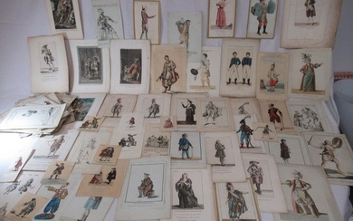 Fort lot de gravures (dont certaines réhaussées) et de dessins figurant divers costumes. En feuilles,...