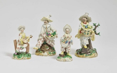 Four Chinese men with fruit baskets or mandolin