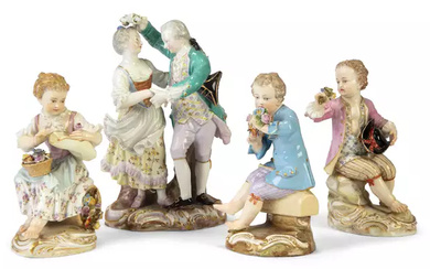 Four Meissen porcelain figures, 19th - 20th centuries, comprising: a figural group of lovers...