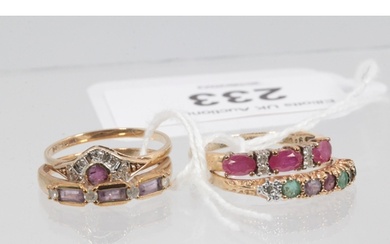 Four rings to include Ruby 3 stone and diamond line ring, an...