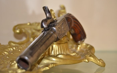 France - 1830/1840 - Petite pistolet à coffre, modèle crosse renaissance en noyer, canon dévissable en damas - Pistol - 12mm cal