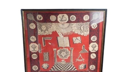Free Masonry Masonic Freemasonry Masonic Instructional Tableau On Canvas-Framed - Glass, Textiles, Wood - 19th century