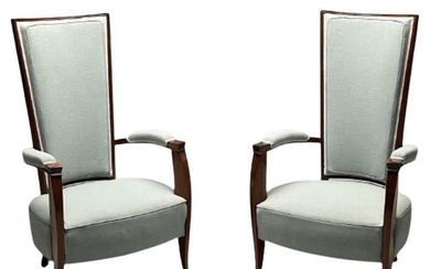 French Art Deco, High-Back Chairs, Mahogany, Turqoise Linen, France, 1970s