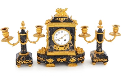 French Gilt-Bronze Mounted Marble Clock Garniture, Retailed by Tiffany & Co (3pcs)