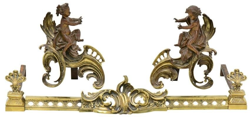 French Gilt & Patinated Bronze Figural Chenets & Fender