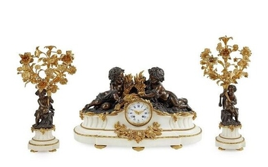 French Gilt and Patinated Bronze and Marble Clock