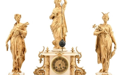 French Painted Metal & Onyx Figural Clock Garniture