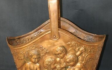 French embossed brass kindling bucket with cherubs