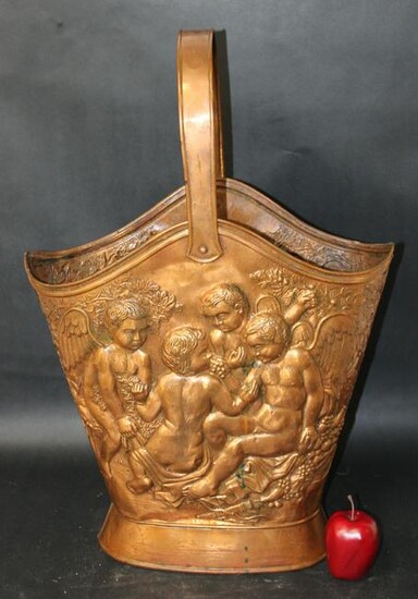 French embossed brass kindling bucket with cherubs