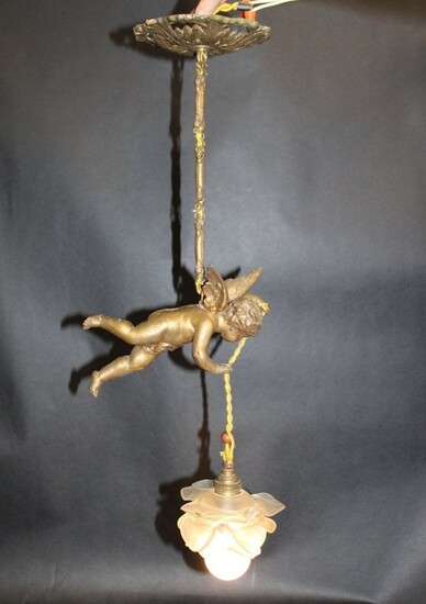 French gilt metal hanging light with cherub