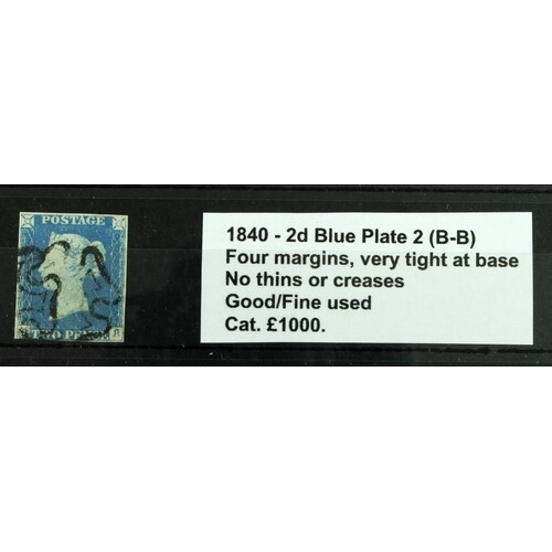 GB - QV 1840 two pence Blue Plate 2 (B-B) four margins, very...