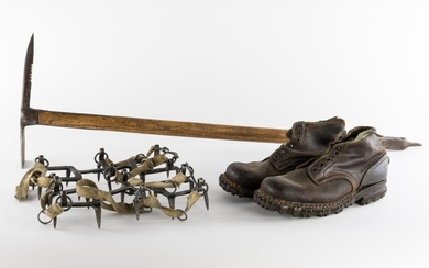 GERMAN ALPINE TROOPS' CRAMPONS, ICE AXE AND CLIMBING BOOTS