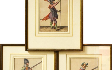 GHEYN II, JAKOB DE. Musketiere und Landsknechte. Drei Kupferstiche, koloriert.