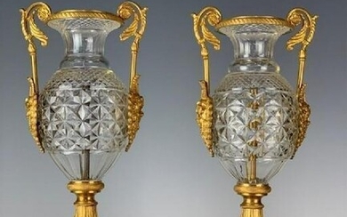 GOOD PAIR OF DORE BRONZE AND BACCARAT GLASS VASES