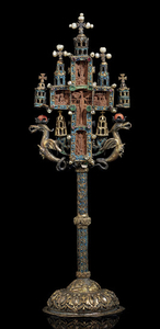GREEK, 17TH/18TH CENTURY, A MOUNT ATHOS SILVER-MOUNTED AND JEWEL-MOUNTED CARVED CEDAR CRUCIFIX