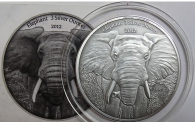 Gabon. 2000 Francs 2012Elephant, 3 Oz