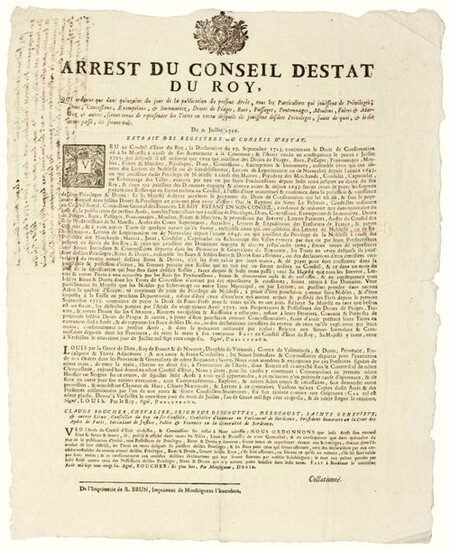 General of BORDEAUX (33). 1726. TOLL PRIVILEGES. Order of the Council of State of King LOUIS XV, of July 9, 26, which orders that in the fortnight of the day of publication, of the present Order, all Individuals who enjoy privileges, Gifts...