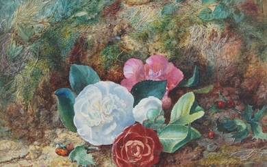 George Clare, British 1830-1900- Flowers on a mossy bank; watercolour with gum arabic, signed lower right, 23 x 35.5 cm