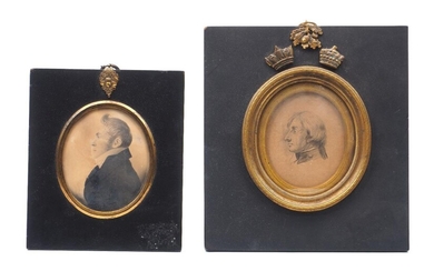 Gerard, British, early-mid 19th century- Portrait of a gentleman in profile; watercolour, oval, bears label to the reverse, 8.7 x 7.3 cm: together with an engraving depicting Horatio Nelson in profile, after S. D. Koster, 8 x 6.5 cm (2)
