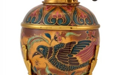 Gilt-Metal Zsolnay Porcelain Vase Mounted as an Oil Lamp