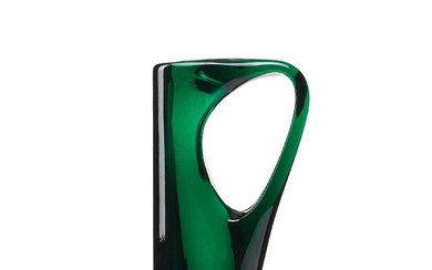 Giorgio Ferro, an oval, green glass vase, "Anse volante", A.VE.M (Arte Vetraria Muranese), Italy 1950's.