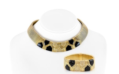 Gold Bracelet and Necklace Set with Onyx and Diamonds