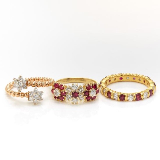 Gold, Ruby and Diamond Band Ring and Two Gold and Ruby Floret Rings