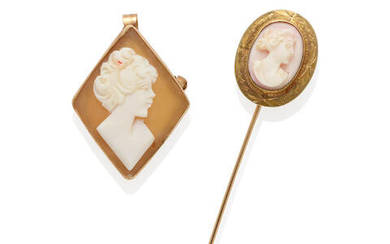 Gold and Shell Cameo and Stick Pin