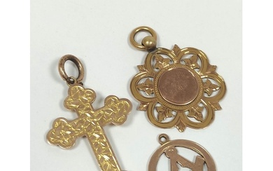 Gold engraved cross and two medallions all 9ct. 12.7g.